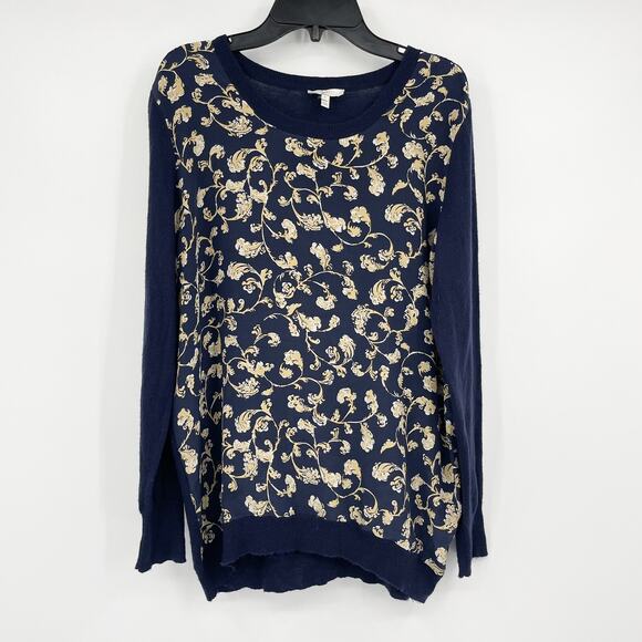 Joie Navy Blue Gold Patterned Silk Front Sweater Size Small S - Picture 1 of 5